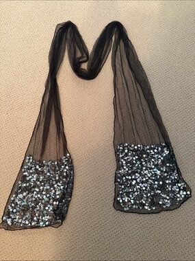 Moyna Black Sheer Scarf with Silver Sequin Ends